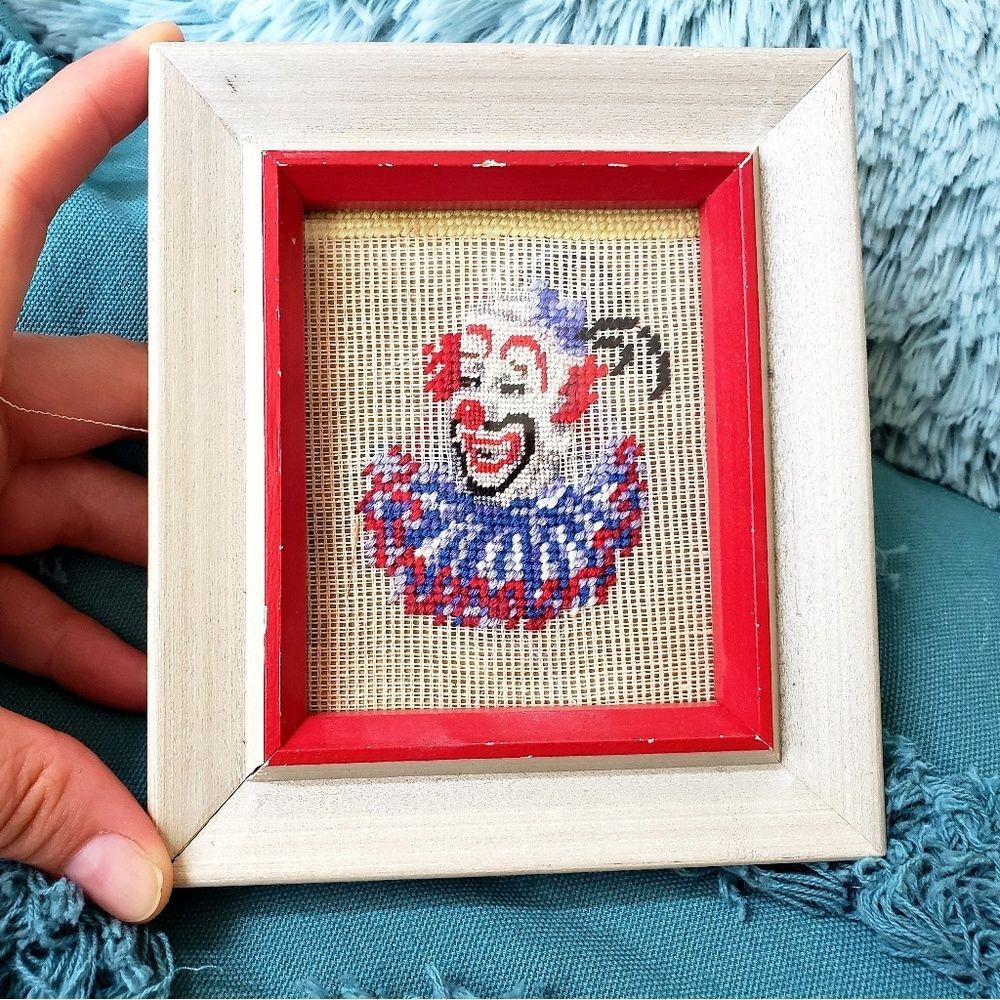 Framed Unfinished Cross Stitch Clown Portrait